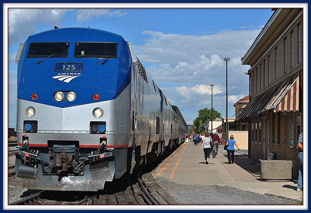 An Amtrak train at a rail station in Grand Junction, Colorado.