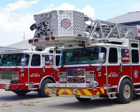 Two fire trucks in front of the Marion County Fire Station in Georgia.