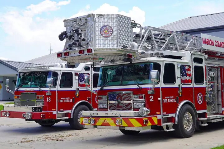 Two fire trucks in front of the Marion County Fire Station in Georgia.