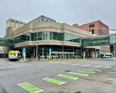 The Spokane Transit Plaza form across the street.