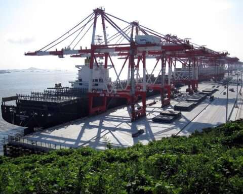 A freightliner at a deepwater port.