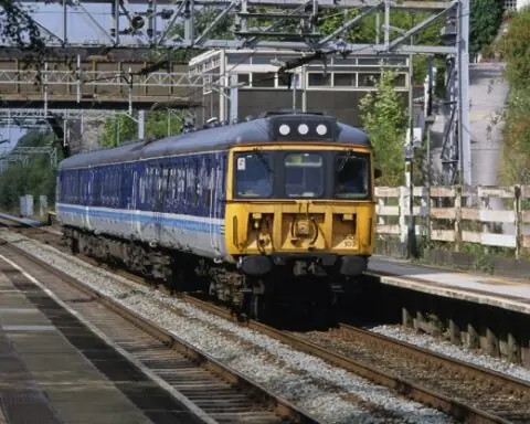 A train on the tracks of the Hartford Rail Station in Connecticut.
