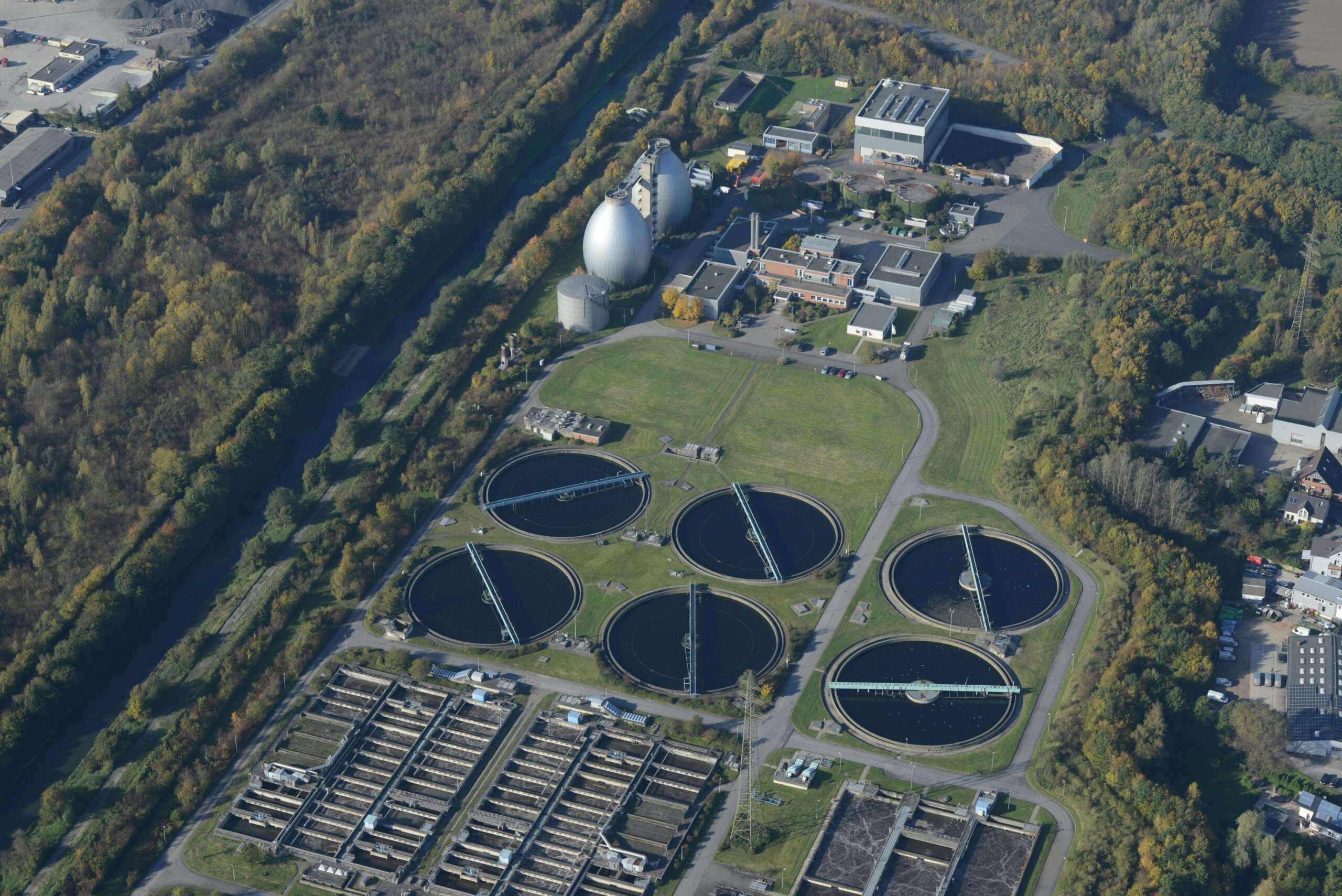 An aerial view of a water treatment facility.