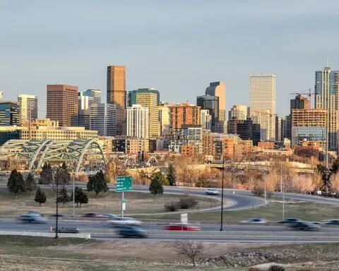 The Denver city skyline in Colorado.
