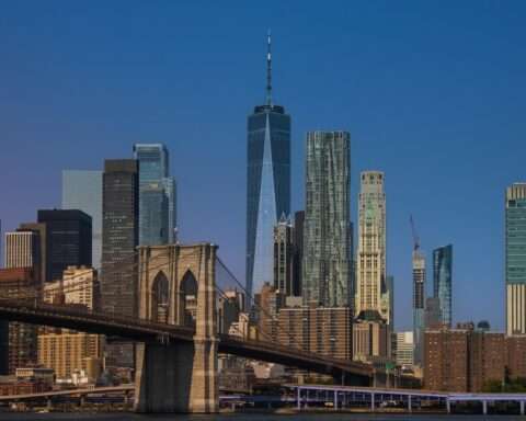 The New York City skyline from across the river.