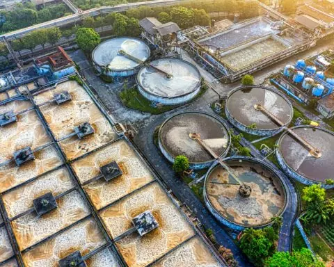 An aerial view of a water treatment plant.