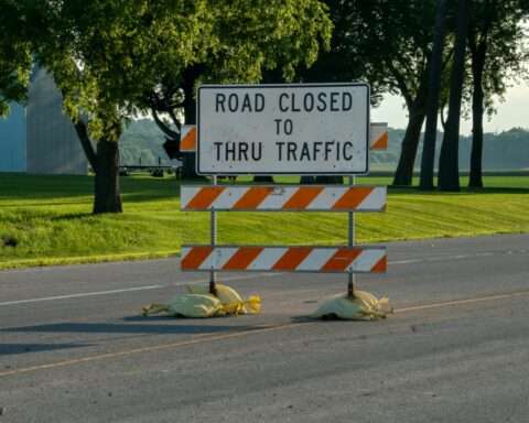 A road construction sign along a road near grass and trees.