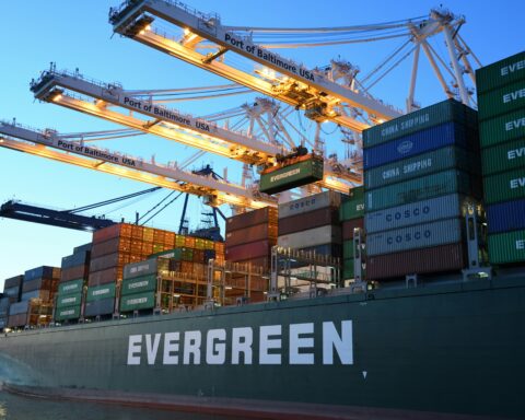 A container ship at a port.