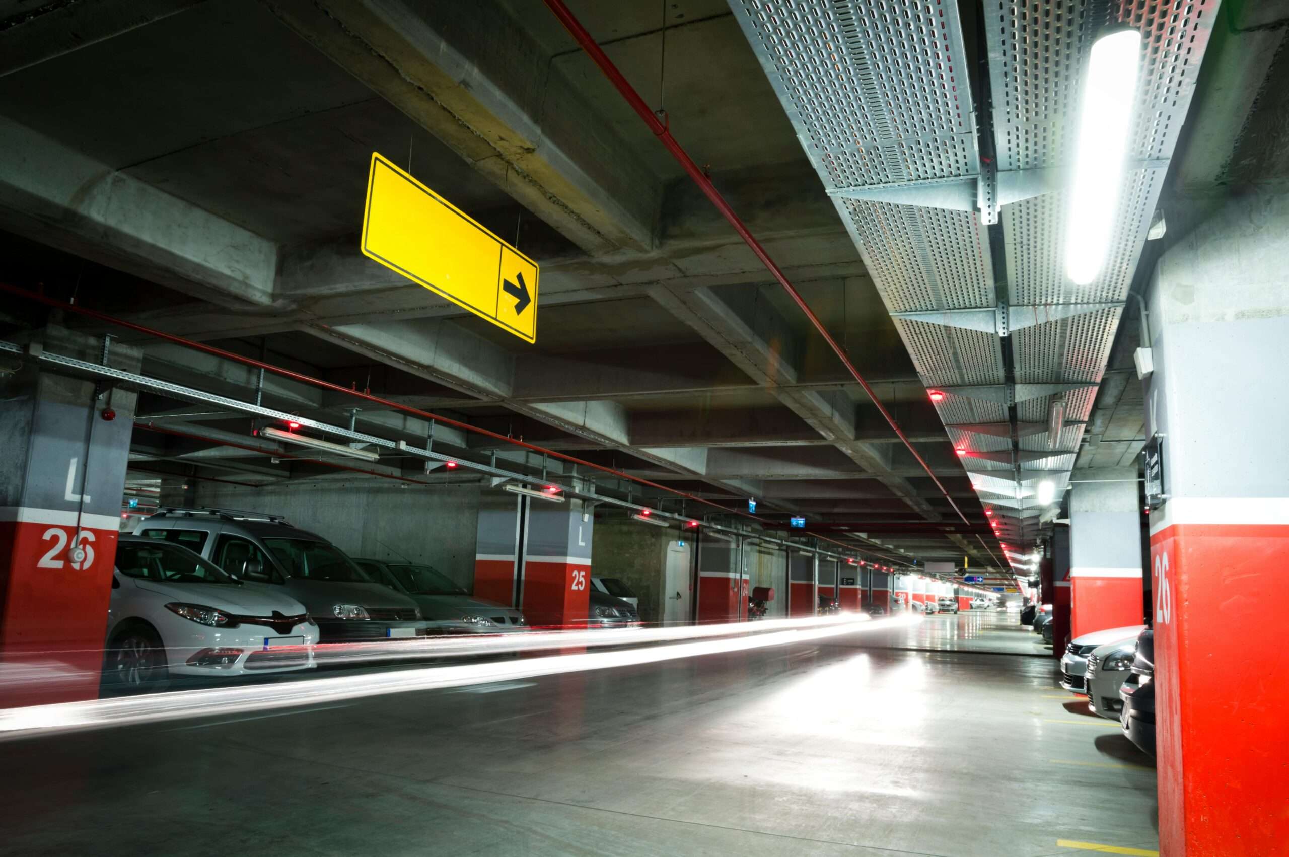 The interior of a parking garage.