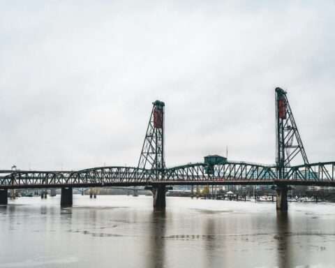 A bridge from across the water in Portland, Oregon.