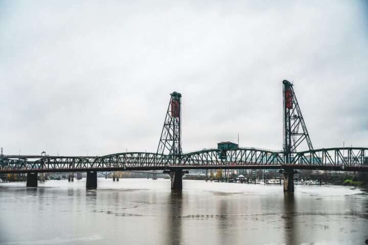 A bridge from across the water in Portland, Oregon.