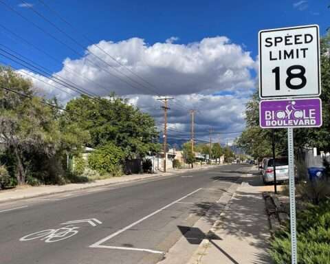 A speed limit sign along Bicycle Boulevard in Albuquerque, New Mexico.