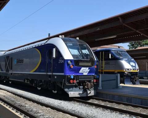 A CalTrans train at a San Diego station in California.