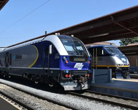A CalTrans train at a San Diego station in California.