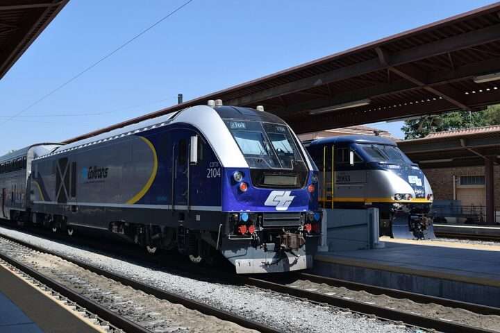 A CalTrans train at a San Diego station in California.