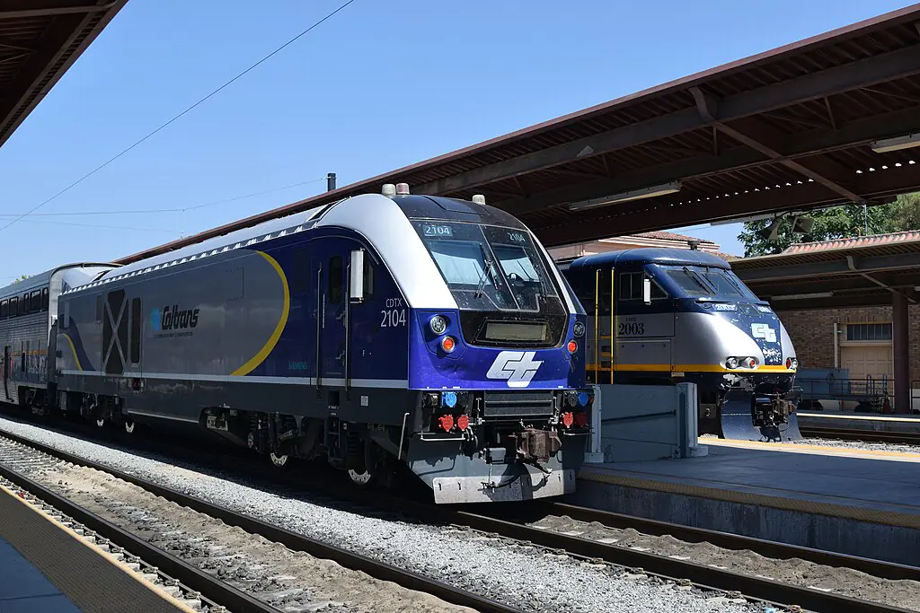 A CalTrans train at a San Diego station in California.