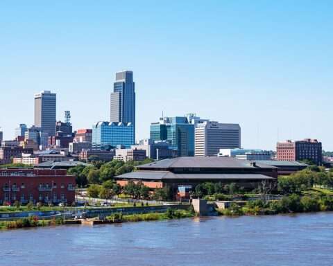 The Omaha, Nebraska, skyline from across the Missouri River.