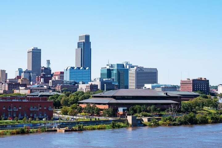 The Omaha, Nebraska, skyline from across the Missouri River.