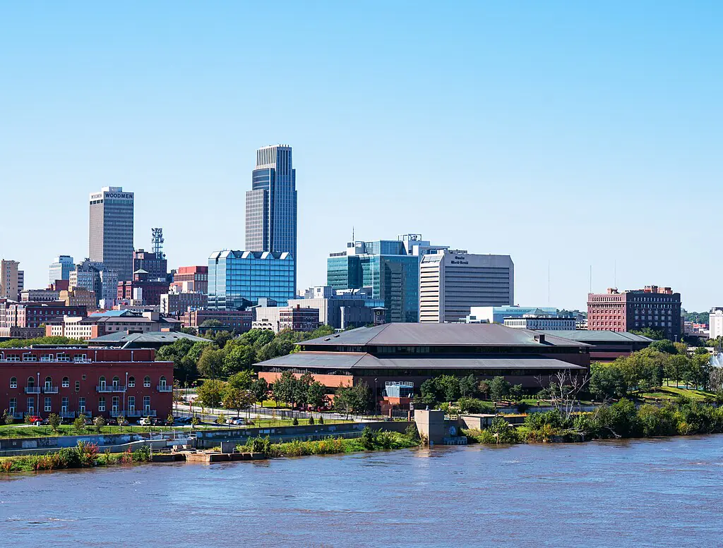 The Omaha, Nebraska, skyline from across the Missouri River.