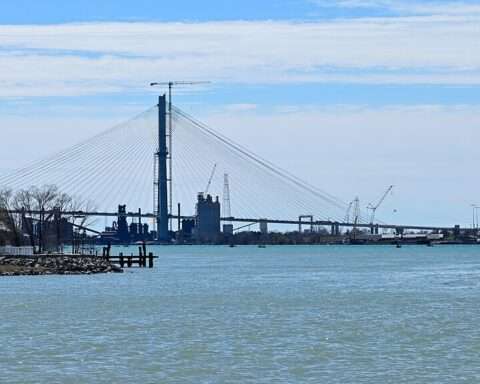 A distant image of the Gordie Howe International Bridge linking Detroit with Ontario.