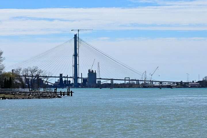 A distant image of the Gordie Howe International Bridge linking Detroit with Ontario.