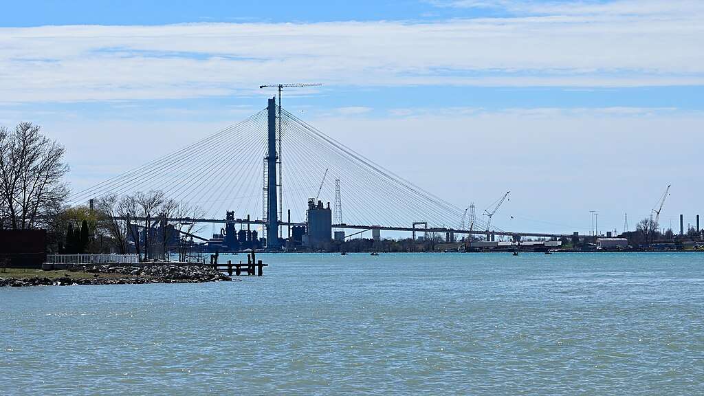 A distant image of the Gordie Howe International Bridge linking Detroit with Ontario.