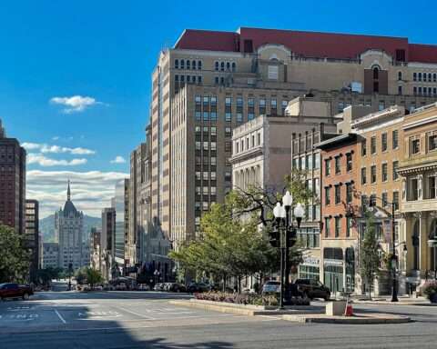 State Street in Albany, New York on a sunny day.