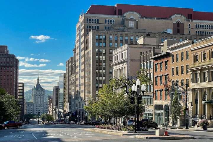 State Street in Albany, New York on a sunny day.