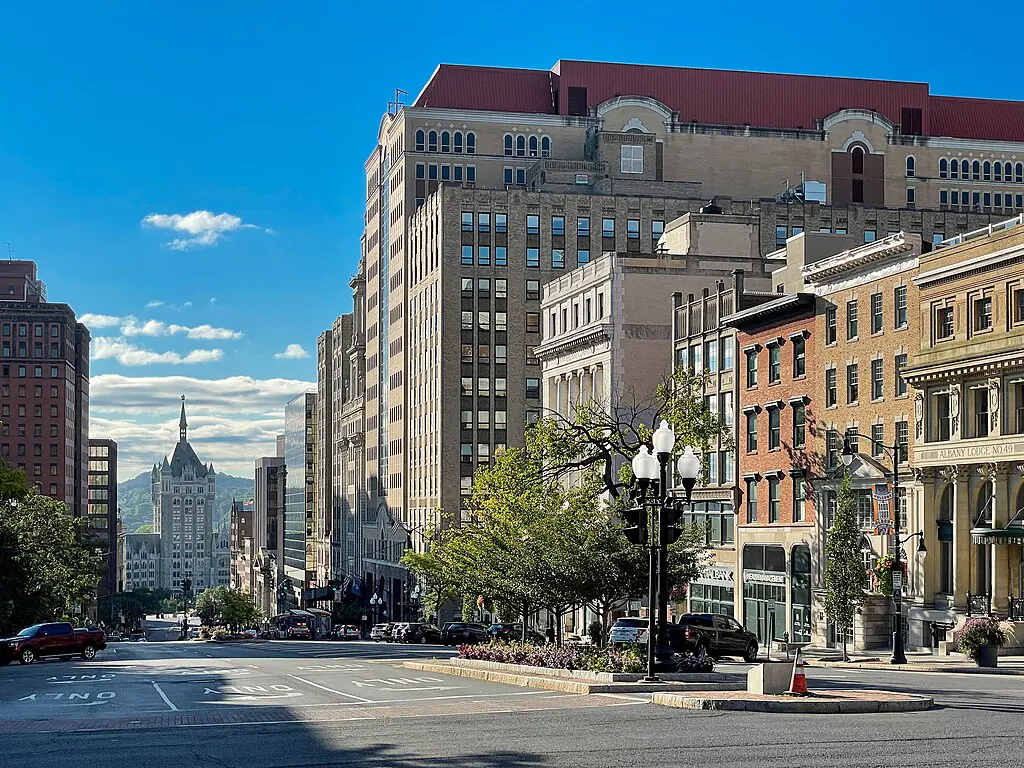 State Street in Albany, New York on a sunny day.