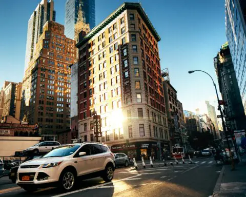 Apartment buildings in New York City form the ground.