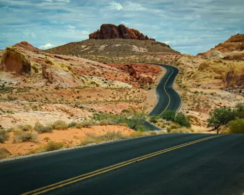 A winding highway along a desert ecosystem in Utah.