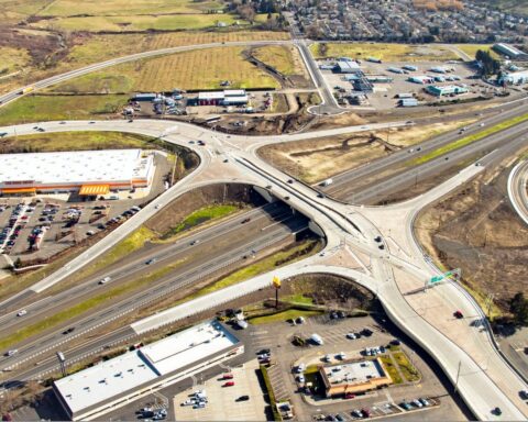 A diverging diamond interchange in Oregon from above.