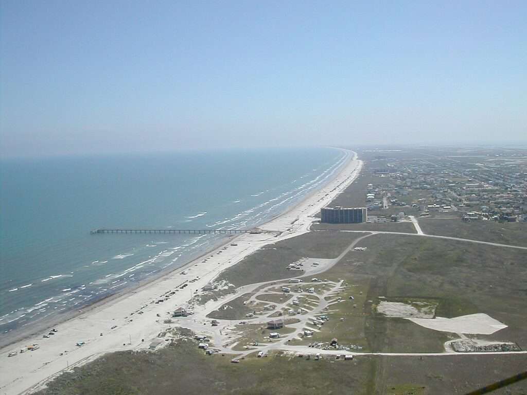 An aerial view of the coastline in Port Aransas, Texas.