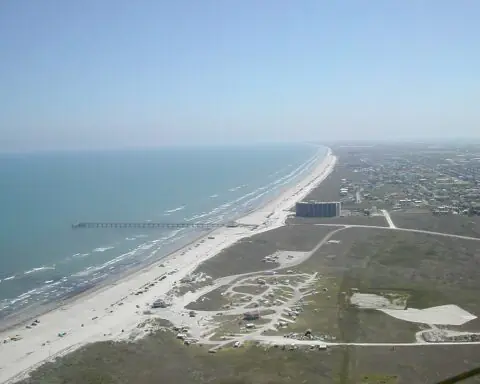 An aerial view of the coastline in Port Aransas, Texas.