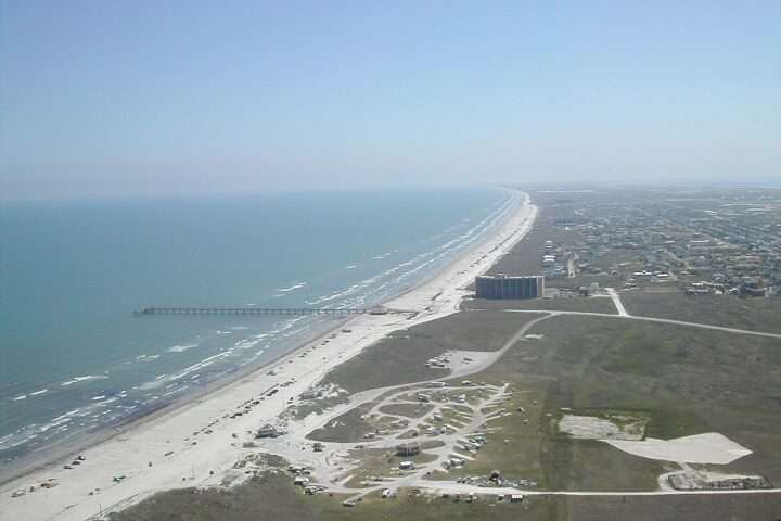 An aerial view of the coastline in Port Aransas, Texas.