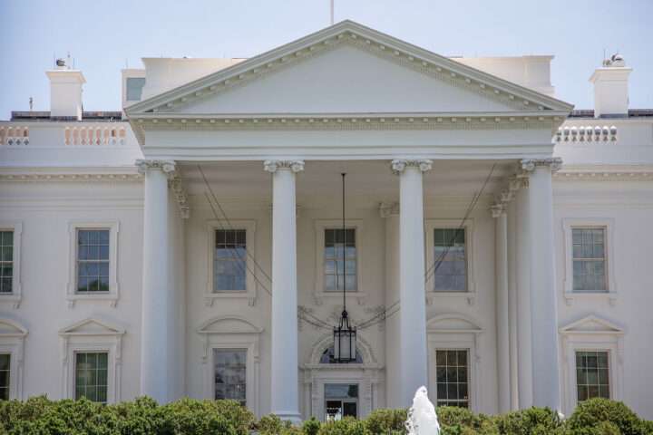 The front exterior of the White House in Washington D.C.