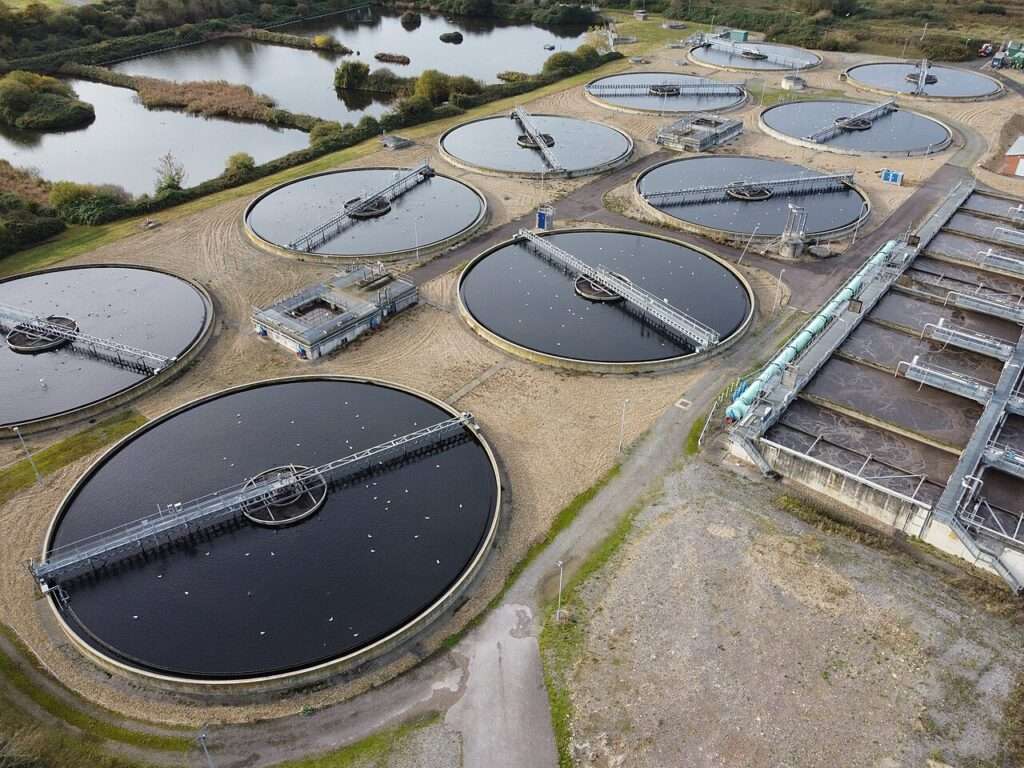 An aerial view of a wastewater treatment plant.