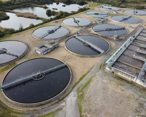 An aerial view of a wastewater treatment plant.