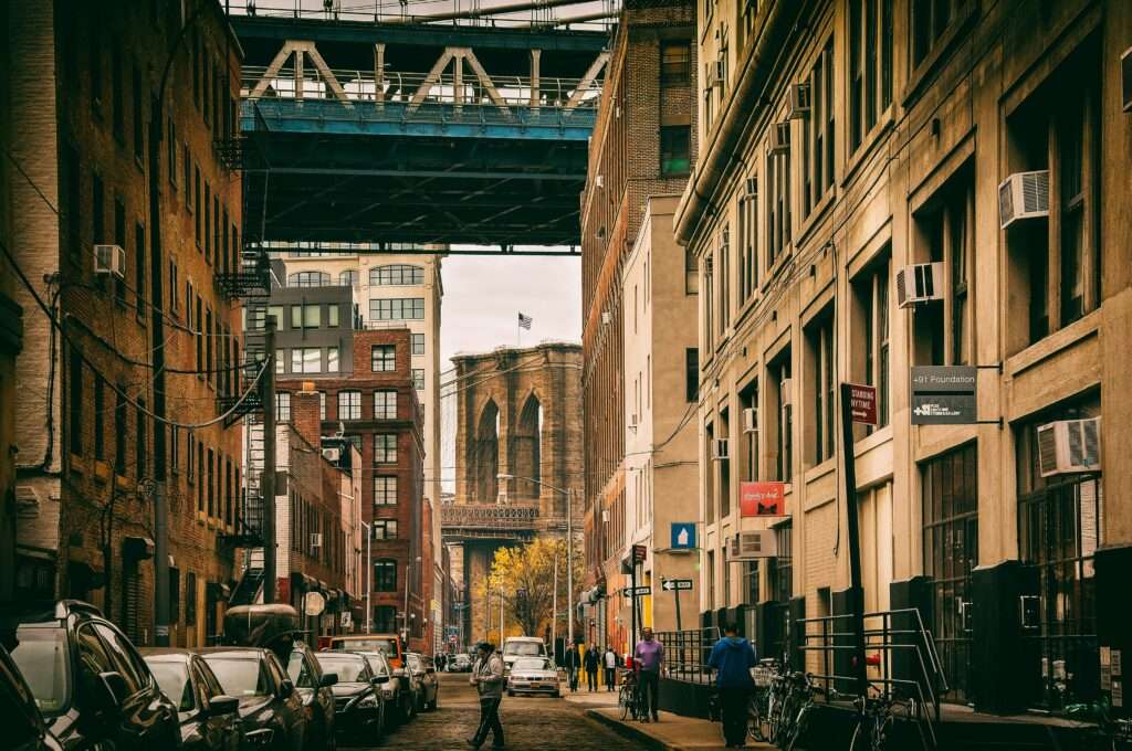 A street in Brooklyn, New York, before the Brooklyn Bridge.