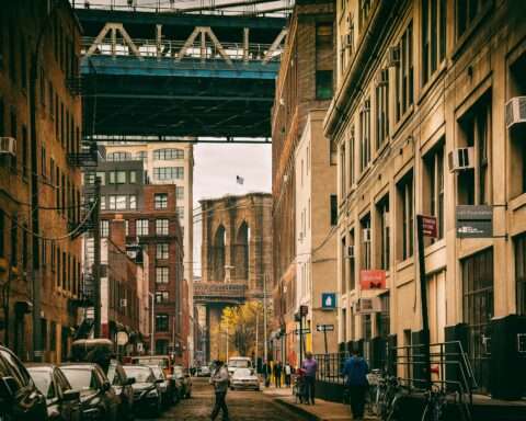 A street in Brooklyn, New York, before the Brooklyn Bridge.
