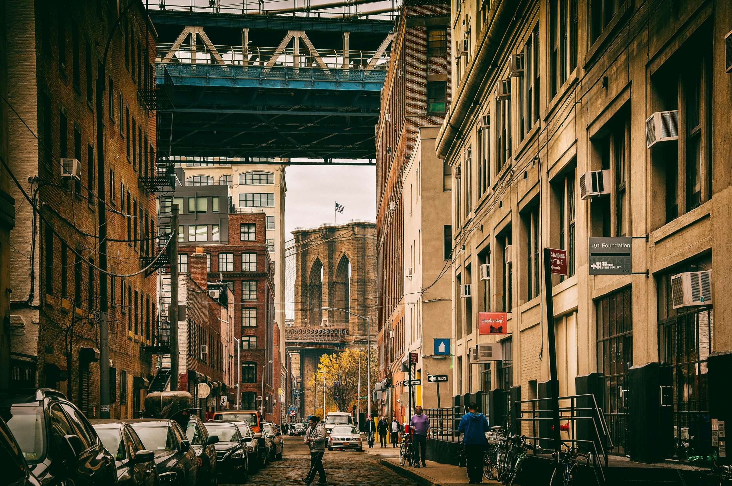 A street in Brooklyn, New York, before the Brooklyn Bridge.