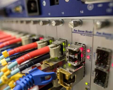 Fiber optic cables connected to a device.