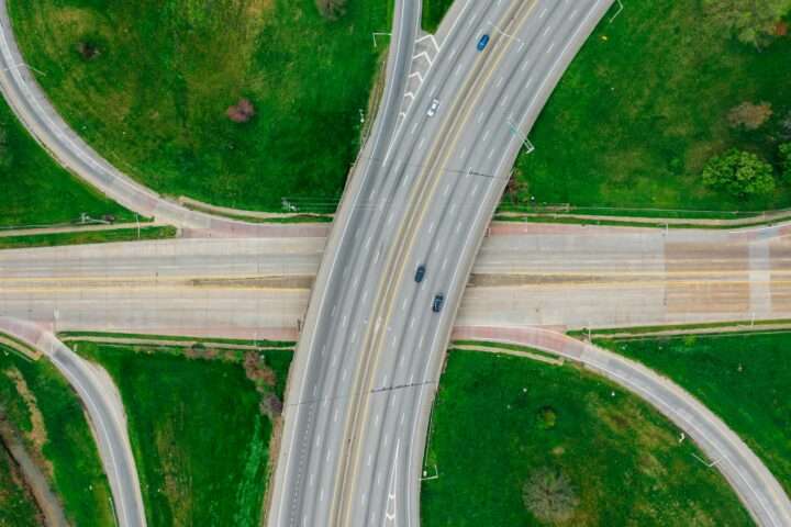 An aerial view of a highway intersection or interchange.
