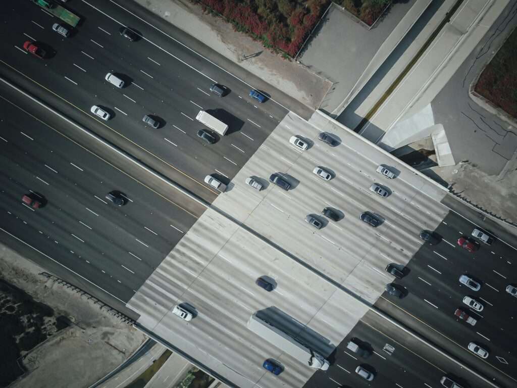 An aerial view of a busy highway.