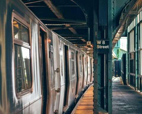 A train station with public transit options.