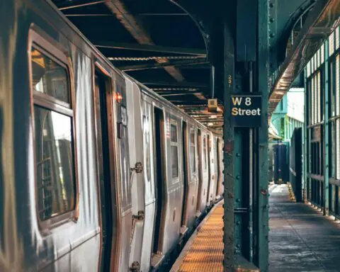 A train station with public transit options.