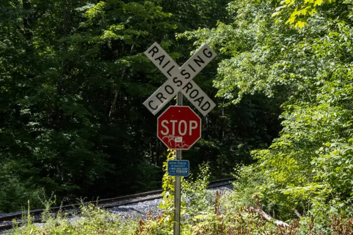A stop sign and a railroad crossing sign on a metal pole before a railroad track and green trees.