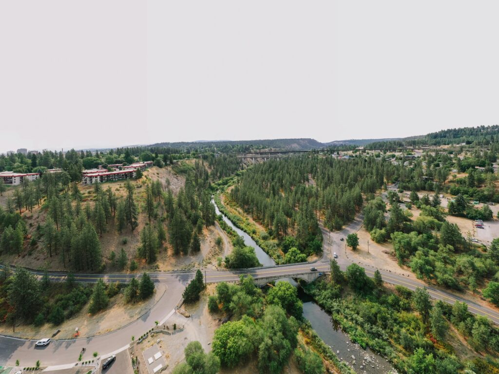 An aerial view of a bridge in Spokane, Washington.