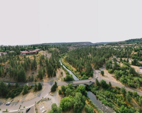 An aerial view of a bridge in Spokane, Washington.