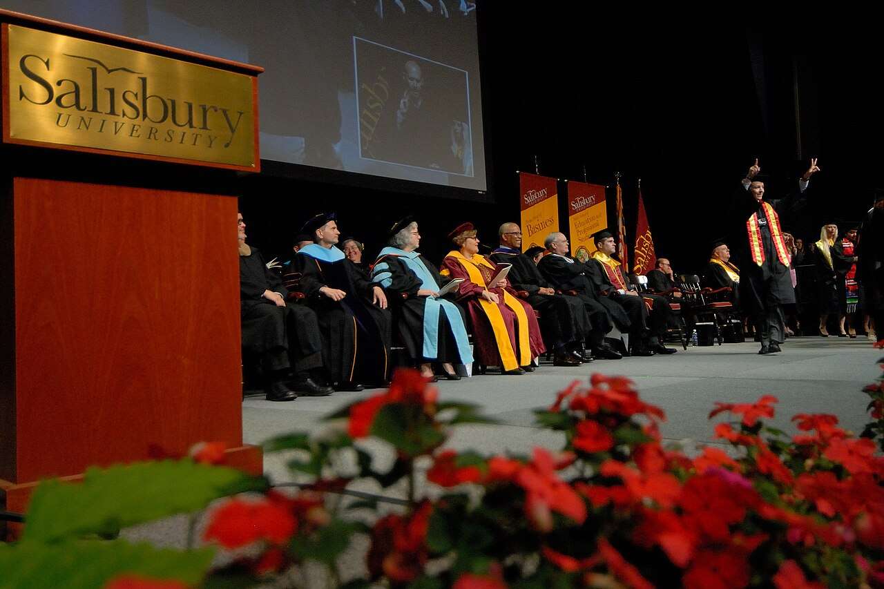 Maryland's Lt. Governor makes an announcement at the performing arts center at Salisbury University.